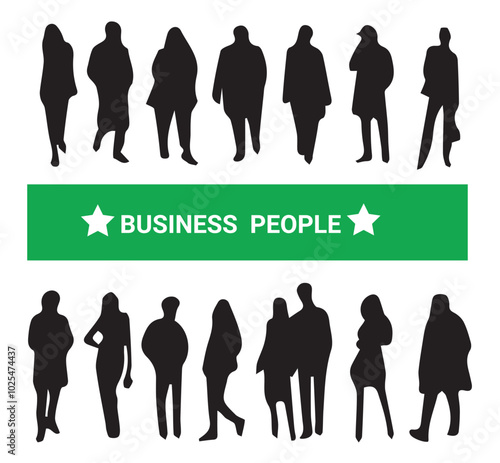 Business people, set of vector silhouettes.Vector silhouettes of men and a woman, a group of standing business people, profile, black color isolated.Illustration eps 10 photo