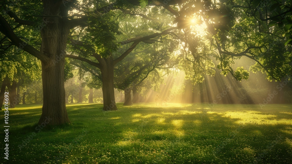 Obraz premium Sunbeams Through the Trees in a Tranquil Forest