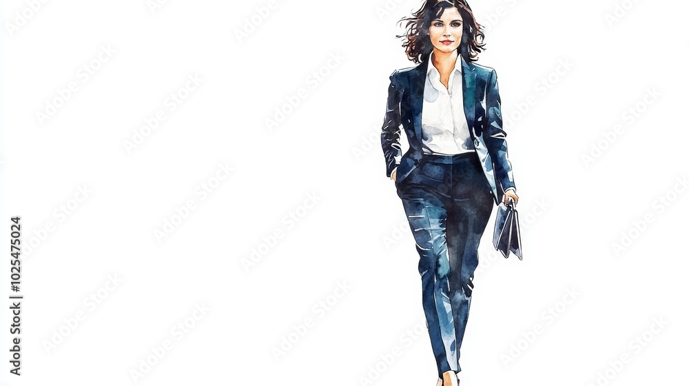 Watercolor Illustration of a Woman in a Suit Walking Watercolor Illustration of a Woman in a Suit Walking