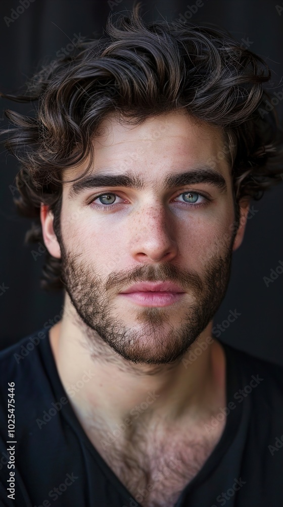 Intense Portrait of a Handsome Man with Curly Hair and Beard Intense Portrait of a Handsome Man with Curly Hair and Beard