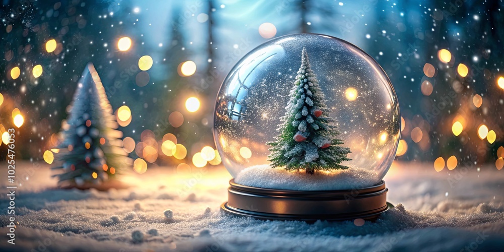 A miniature evergreen tree sits nestled in a snow globe, surrounded by a soft blanket of artificial snow, with a soft glow of light illuminating the scene.