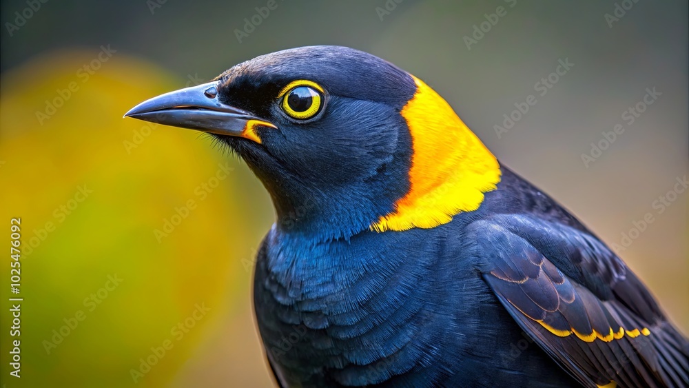 Obraz premium A vibrant bird with black and blue plumage adorned with a striking yellow collar, showcasing a captivating gaze.