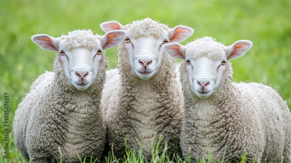 Obraz premium Three Fluffy Sheep Close Up Portrait in Green Grass Field