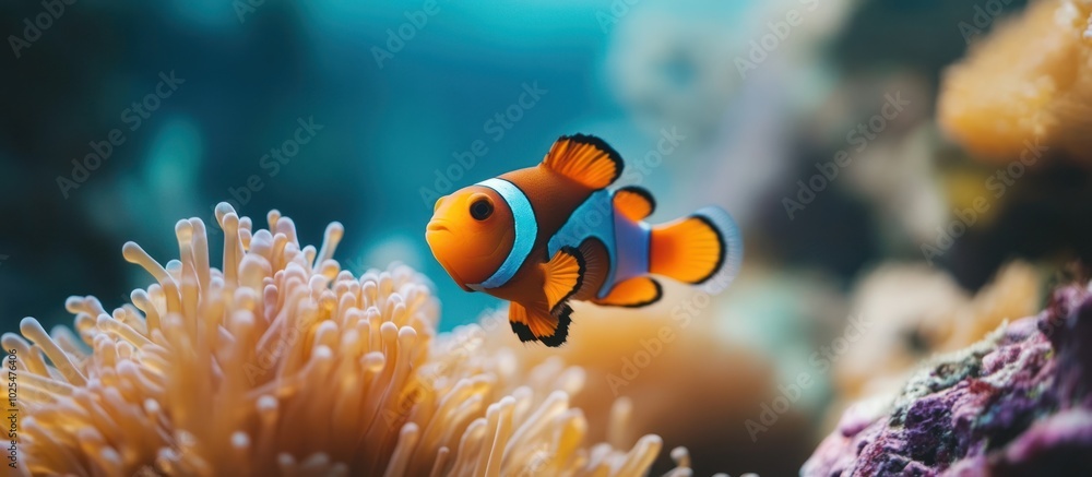 Fototapeta premium A bright orange and white clownfish swims by an orange anemone in a tropical reef.