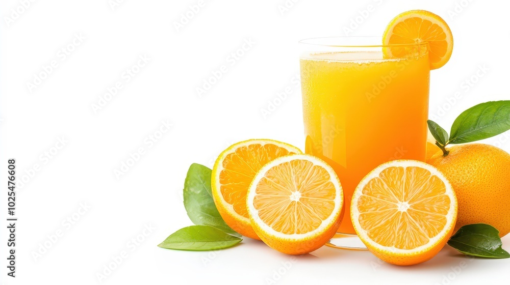 Fresh Orange Juice and Fruits on White Background Fresh Orange Juice and Fruits on White Background