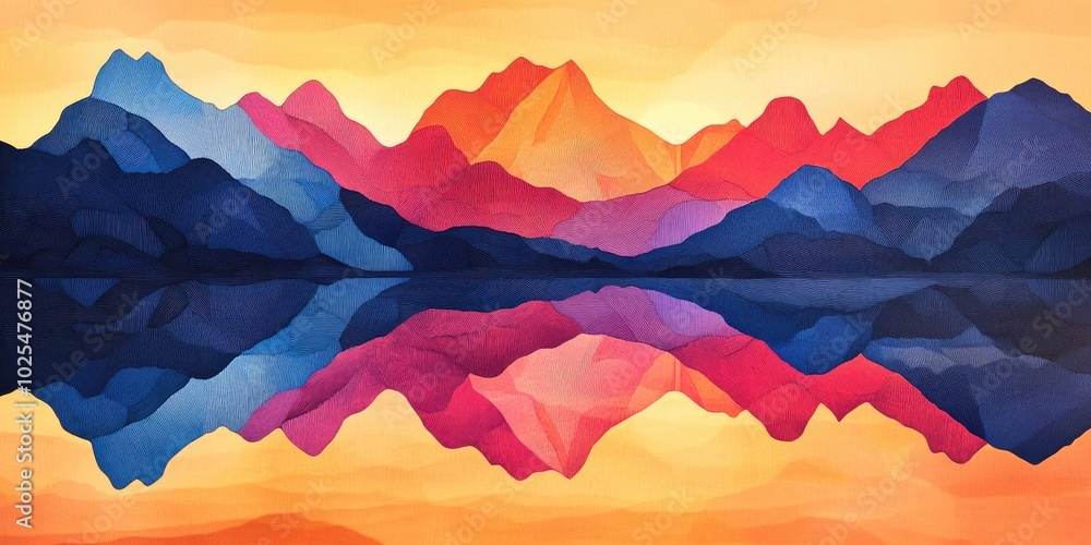 Wynn Mountain reflected in a serene lake during sunset, Mountain reflection in a calm lake at sunset Wynn Mountain reflected in a serene lake during sunset, Mountain reflection in a calm lake at sunset