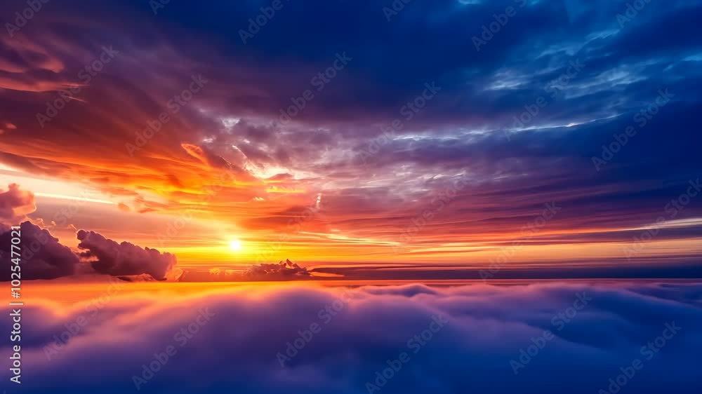 A breathtaking sunset over a sea of clouds, casting a warm glow across the sky A breathtaking sunset over a sea of clouds, casting a warm glow across the sky
