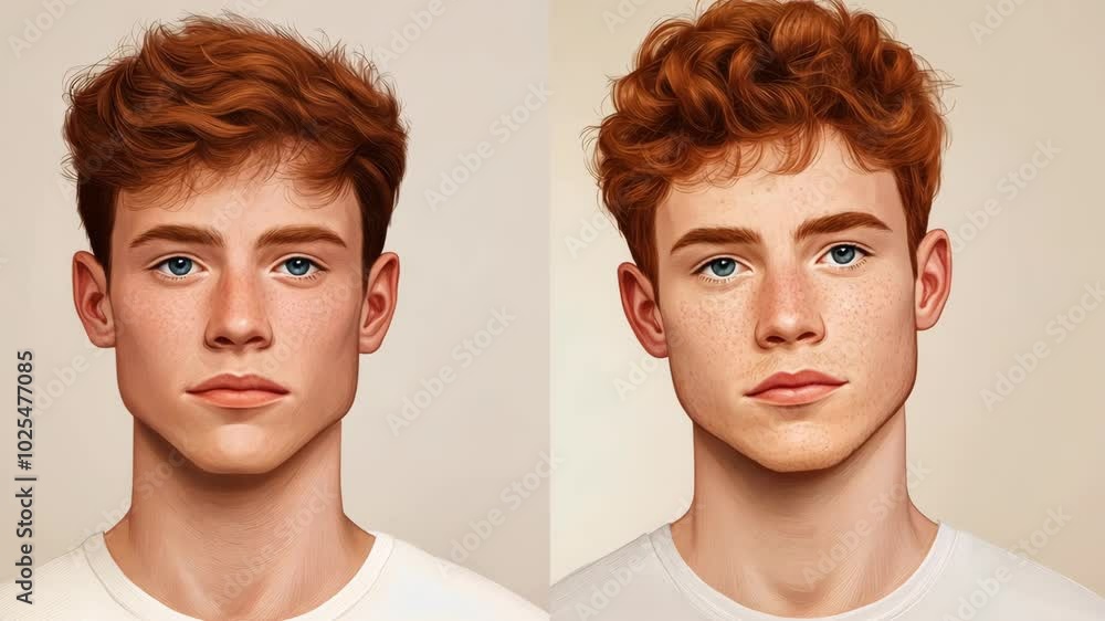 A young man with red hair and freckles is shown in two different poses A young man with red hair and freckles is shown in two different poses