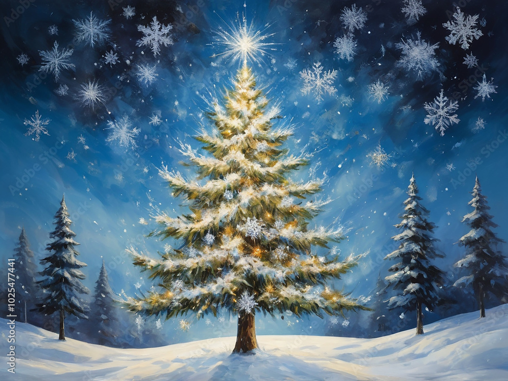 abstract oil painting of Christmas Tree consisting of scattering of scintillating shining snowflakes greeting card abstract oil painting of Christmas Tree consisting of scattering of scintillating shining snowflakes greeting card