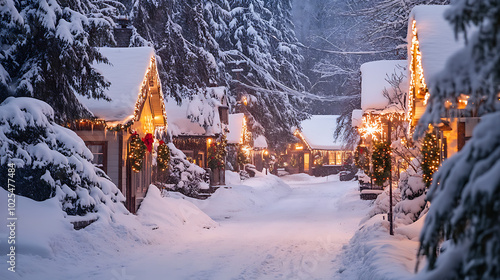 A charming snow-covered village street lined with cozy homes, each adorned with wreaths and glowing lights, set against a backdrop of towering pine trees  photo