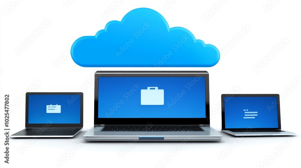 Cloud Computing Concept with Laptops and Cloud Icon Cloud Computing Concept with Laptops and Cloud Icon