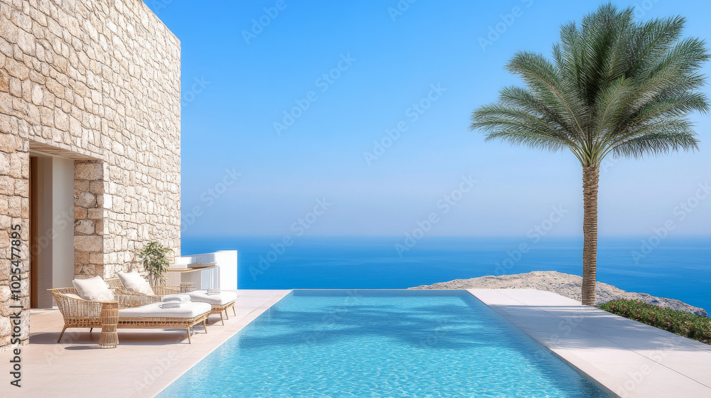 Fototapeta premium A private terrace at summer resort hotel featuring stunning infinity pool overlooking ocean, surrounded by palm tree and serene atmosphere