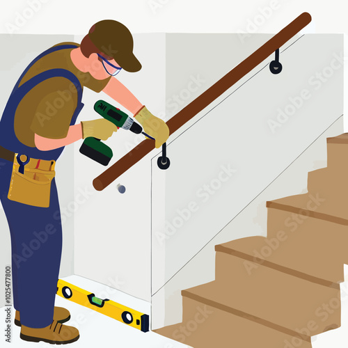 illustration of a person installing handrails on a staircase using a drill and level