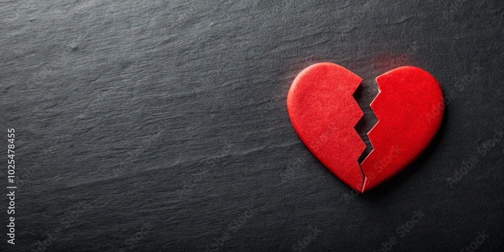 A solitary, crimson heart, shattered into two uneven pieces, rests upon a smooth, dark slate surface, a poignant reminder of the fragility of love. A solitary, crimson heart, shattered into two uneven pieces, rests upon a smooth, dark slate surface, a poignant reminder of the fragility of love.