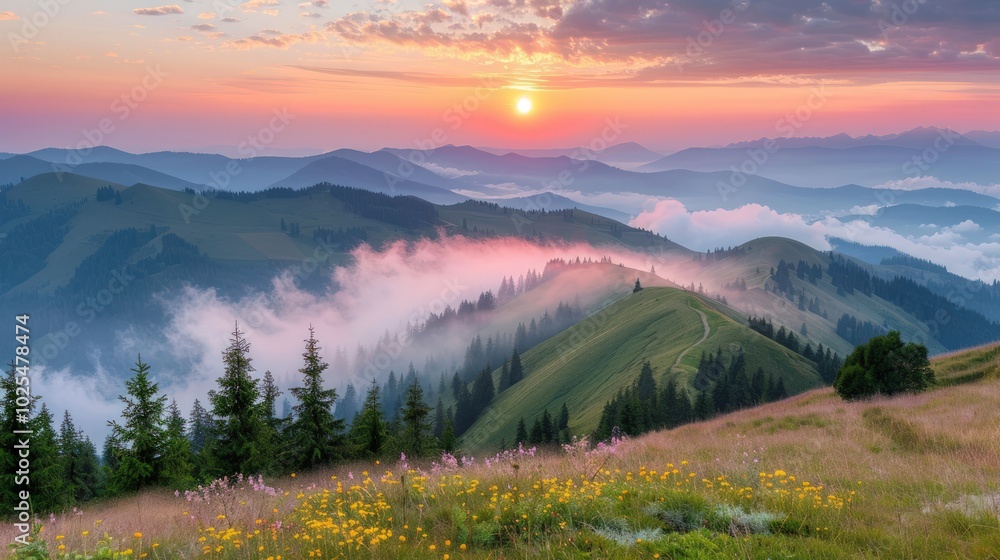 Obraz premium Mountain Landscape with Sunset and Fog