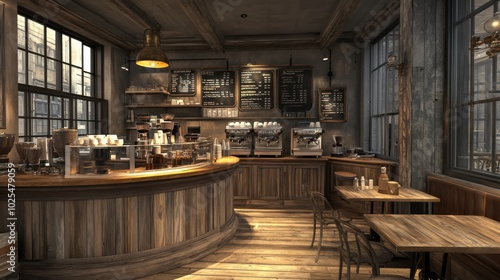 Interior design of cafe with wooden vintage style, decorated with warm and cozy tones, relaxing tones with classic old wood round corner counter and coffee machinery