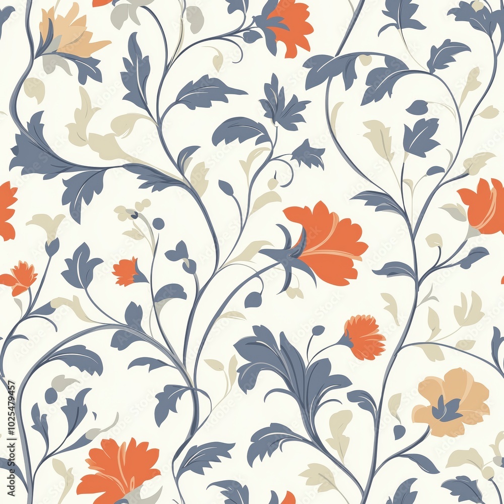 Delicate floral pattern with muted orange and beige flowers intertwined with soft gray-green leaves on a light cream background. A graceful, vintage design perfect for fabrics and wallpapers. Delicate floral pattern with muted orange and beige flowers intertwined with soft gray-green leaves on a light cream background. A graceful, vintage design perfect for fabrics and wallpapers.
