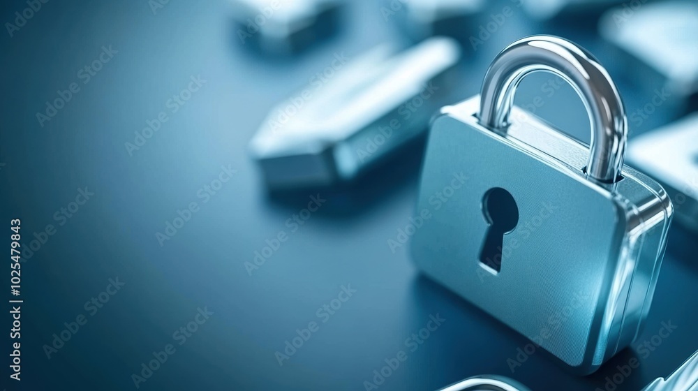 Fototapeta premium Close-up of a metal padlock, symbolizing security and protection, isolated on blue background