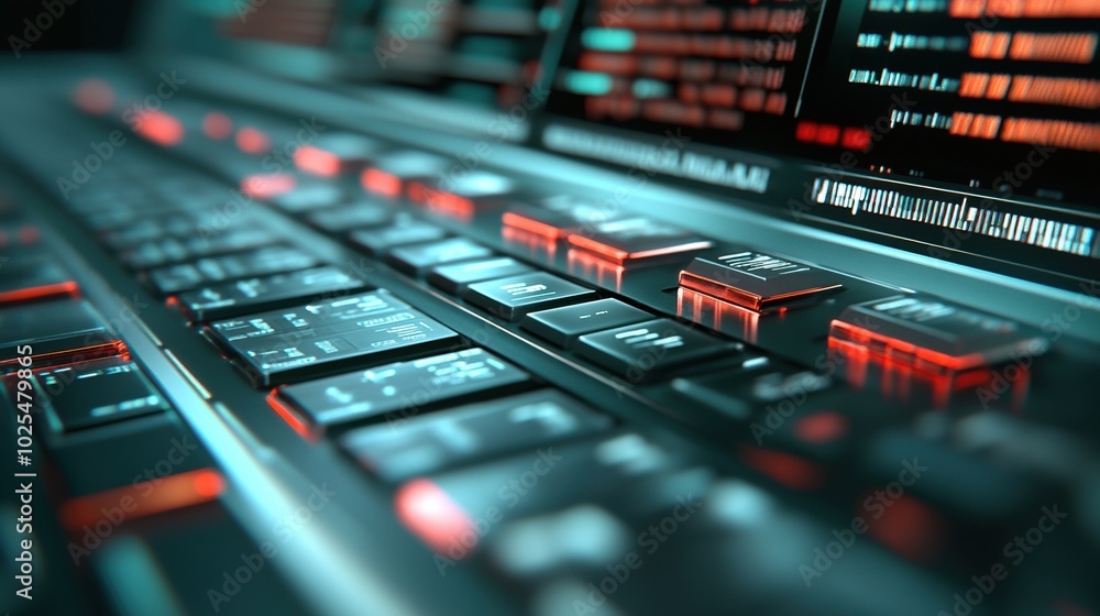 Close-up of a modern keyboard with glowing keys and digital interface. Close-up of a modern keyboard with glowing keys and digital interface.