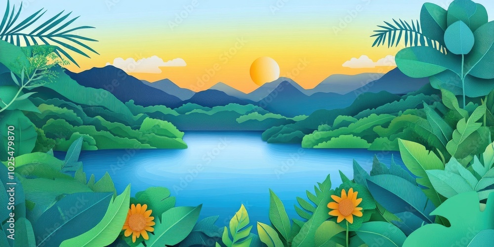 Summer view of a tranquil lake surrounded by lush greenery and mountains, Tranquil lake surrounded by lush greenery and mountains in summer Summer view of a tranquil lake surrounded by lush greenery and mountains, Tranquil lake surrounded by lush greenery and mountains in summer