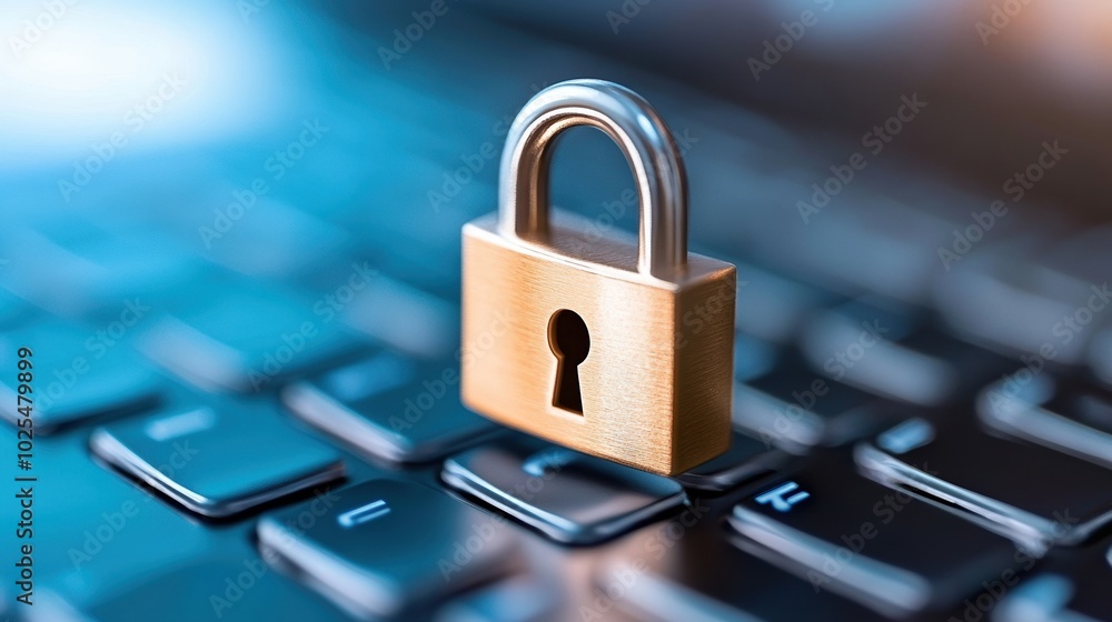 Close-up of a padlock on a laptop keyboard, representing online security. Close-up of a padlock on a laptop keyboard, representing online security.