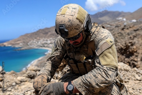 Soldier in a war zone, crouching under fire while helping a wounded comrade, demonstrating selflessness and risking their life for others