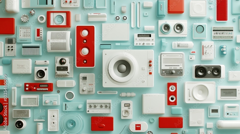 Collection of retro audio devices on a colorful background. Collection of retro audio devices on a colorful background.