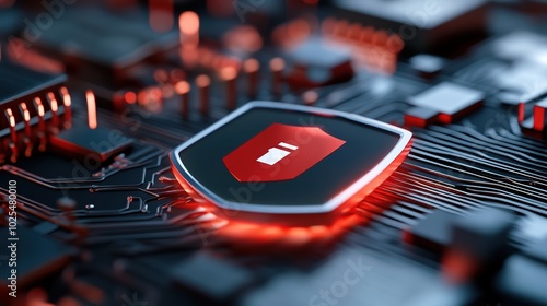 Close-up view of a circuit board with a red shield symbol, modern tech design.