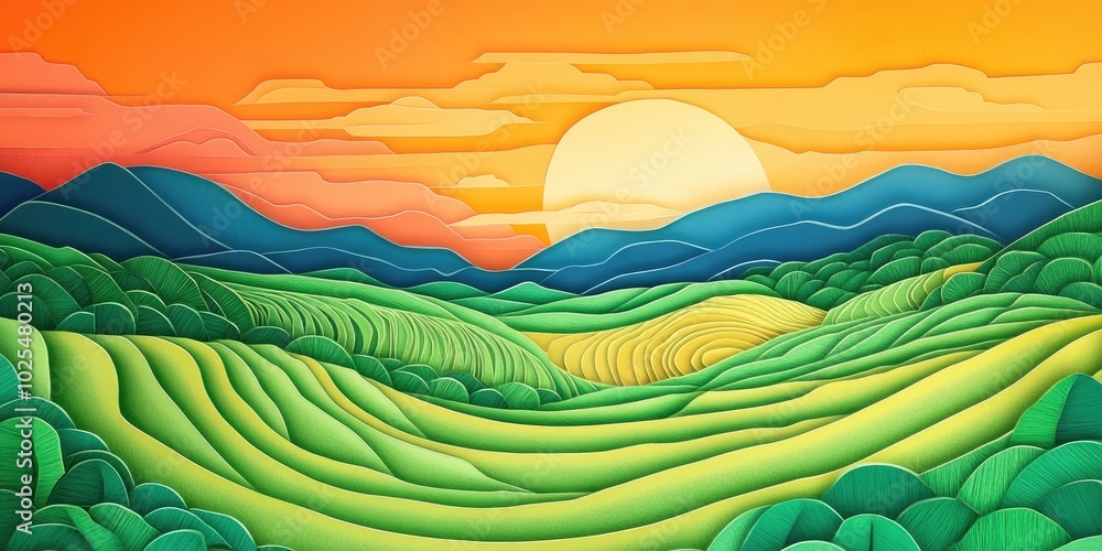 Lush green rice fields beneath a colorful sunset sky in the serene countryside, Vibrant rice fields under a colorful sunset sky in peaceful rural landscape Lush green rice fields beneath a colorful sunset sky in the serene countryside, Vibrant rice fields under a colorful sunset sky in peaceful rural landscape