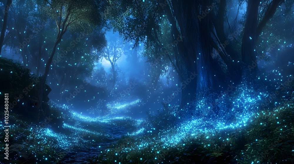 Enchanted scene of a nighttime forest filled with bioluminescent flora and fauna, where ethereal blue and green lights emanate from the vegetation and wildlife, casting a soft glow on the forest Enchanted scene of a nighttime forest filled with bioluminescent flora and fauna, where ethereal blue and green lights emanate from the vegetation and wildlife, casting a soft glow on the forest