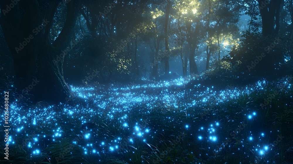 Fototapeta premium Enchanted scene of a nighttime forest filled with bioluminescent flora and fauna, where ethereal blue and green lights emanate from the vegetation and wildlife, casting a soft glow on the forest 