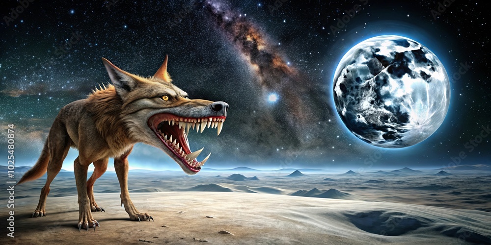 A primal creature with glowing eyes and a fierce snarl stands amidst a celestial expanse, a lone sentinel in a desolate landscape beneath the gaze of a luminous celestial body.
