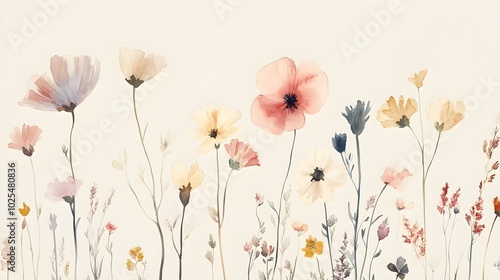 Fototapeta Naklejka Na Ścianę i Meble -  Soft pastel watercolor wildflowers painted in a loose, minimalistic style, randomly arranged on a light beige background, evoking a peaceful and natural aesthetic 