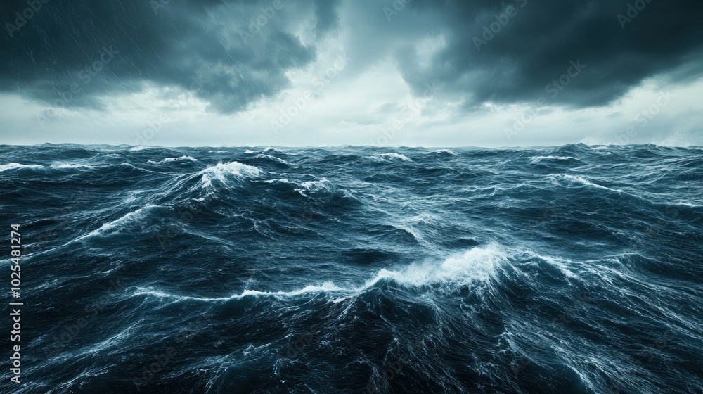 Fototapeta premium Dark stormy ocean waves under dramatic clouded sky, turbulent and moody atmosphere.