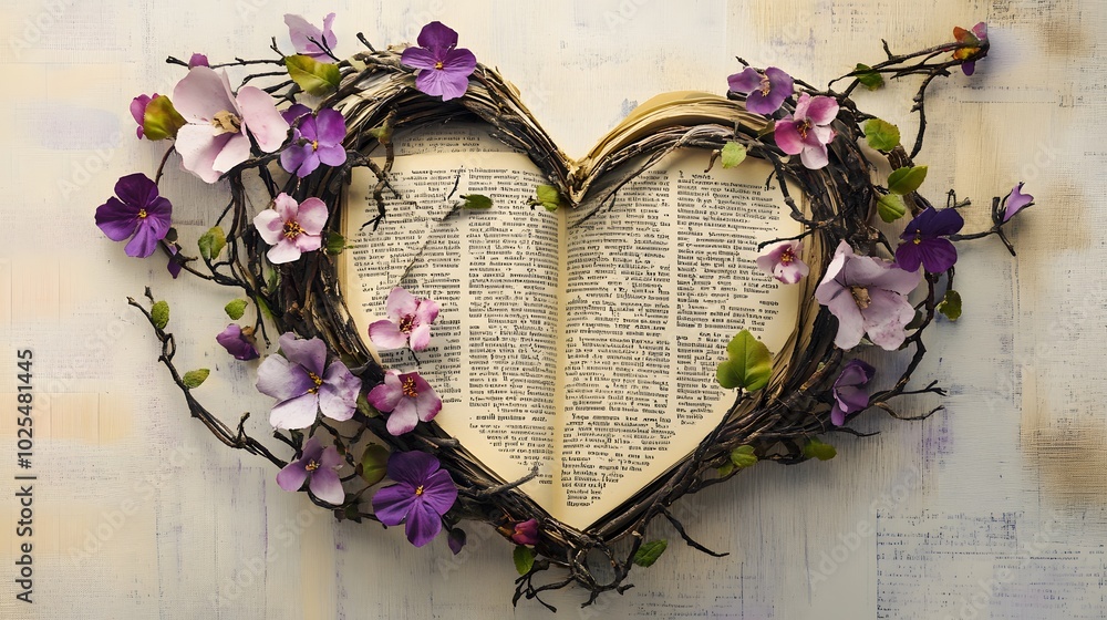 A Heart-Shaped Arrangement of Twigs, Flowers, and an Open Book A Heart-Shaped Arrangement of Twigs, Flowers, and an Open Book