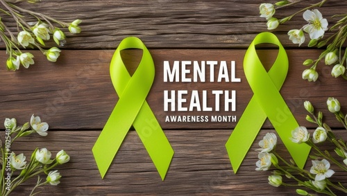 May's lime green ribbon symbolizing Mental Health Awareness Month alongside Mental Health text