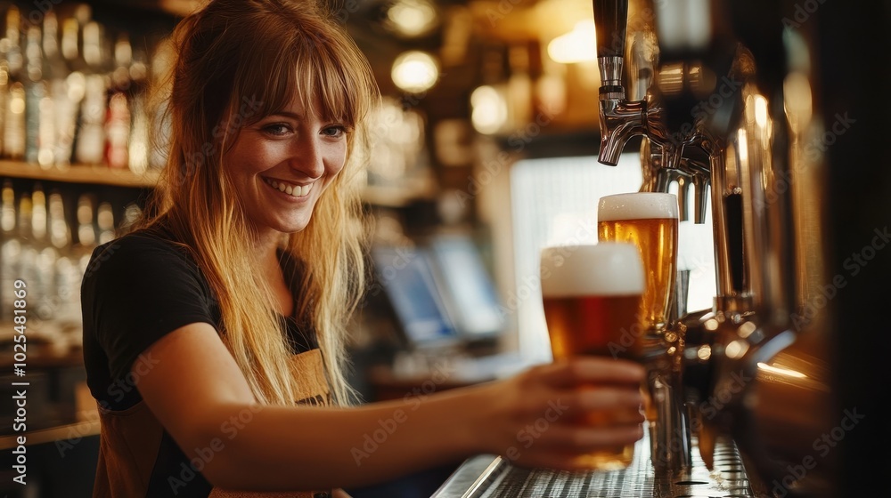 Smiling Barmaid Serving Beer at a Bar Counter Smiling Barmaid Serving Beer at a Bar Counter