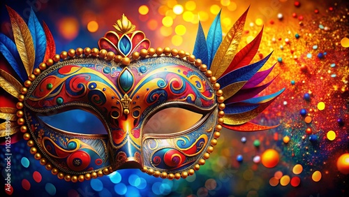 An Ornate Mask Adorned with Golden Beads and Feathers against a Festive Background of Bokeh Lights