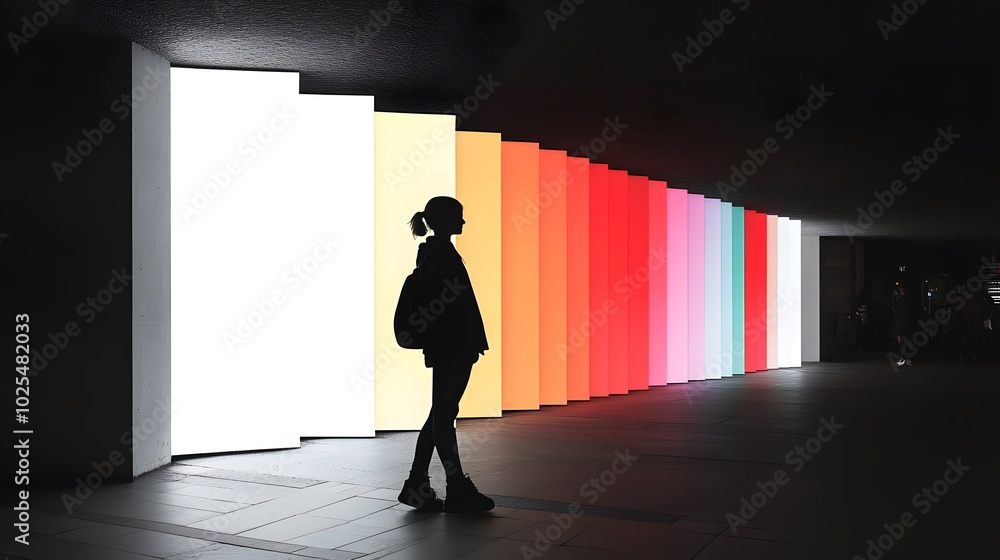 Silhouette of a young female against vibrant colorful light panels in a dimly lit corridor. Silhouette of a young female against vibrant colorful light panels in a dimly lit corridor.