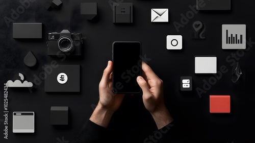 Hands hold a smartphone among various modern icons on a dark background.