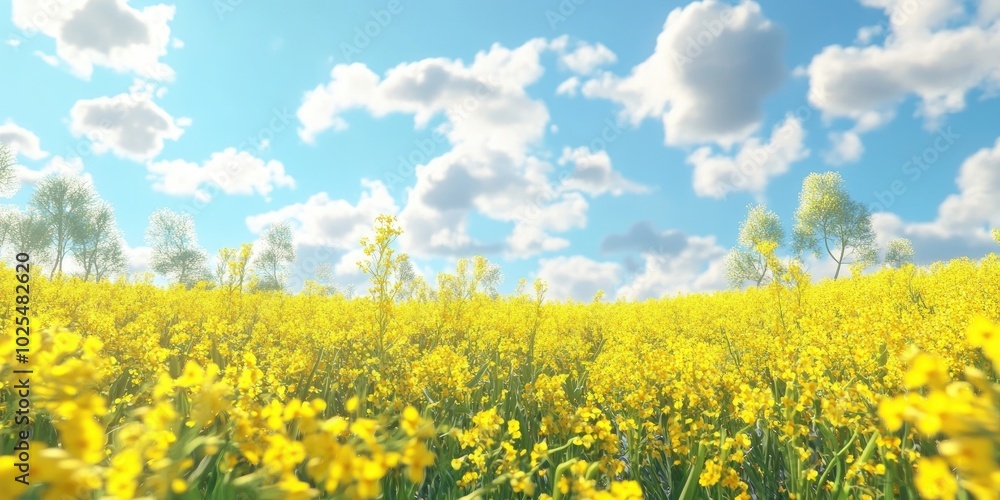 Vibrant yellow colza field in bloom during spring, Blooming yellow colza field in spring Vibrant yellow colza field in bloom during spring, Blooming yellow colza field in spring