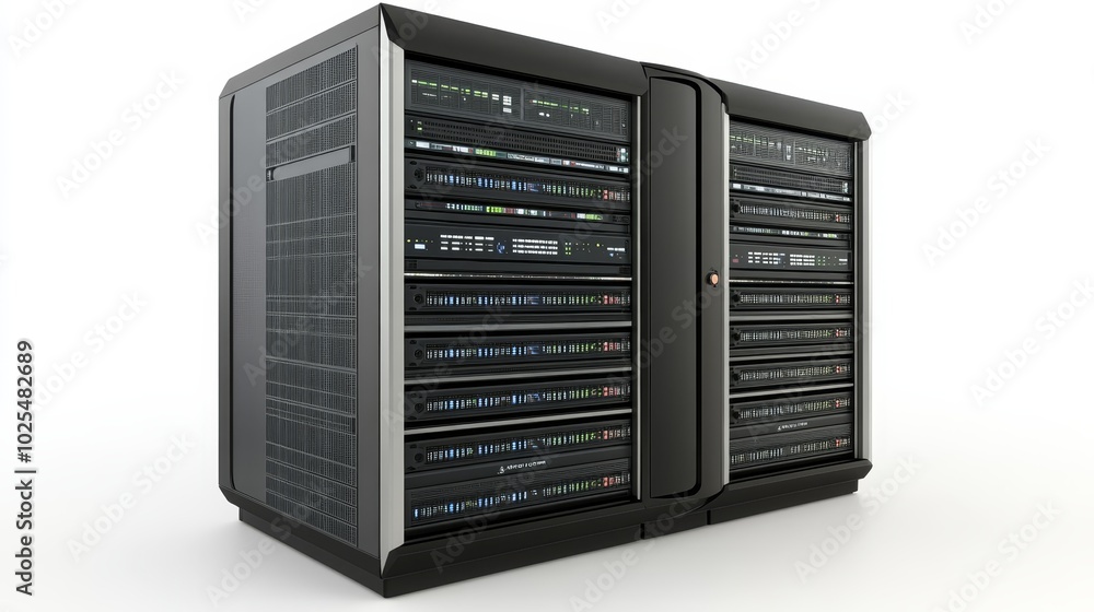 Data Center Server Rack with Lights and Network Connections Data Center Server Rack with Lights and Network Connections