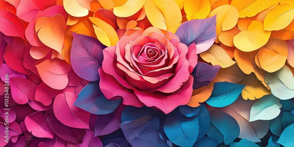Background featuring a wilted rose surrounded by vibrant petals, Wilted rose amidst colorful petals Background featuring a wilted rose surrounded by vibrant petals, Wilted rose amidst colorful petals