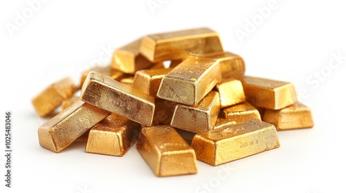 Piles of Isolated Gold Bars on White Background