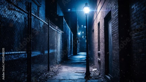 A single street lamp illuminates a dark, brick-lined alleyway on a snowy night, casting long shadows.