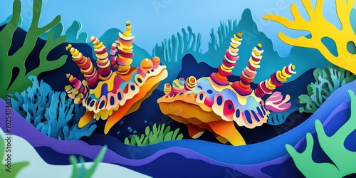 Couple of Vibrantly Colored Nudibranchs, Colorful Nudibranchs in Underwater Scene