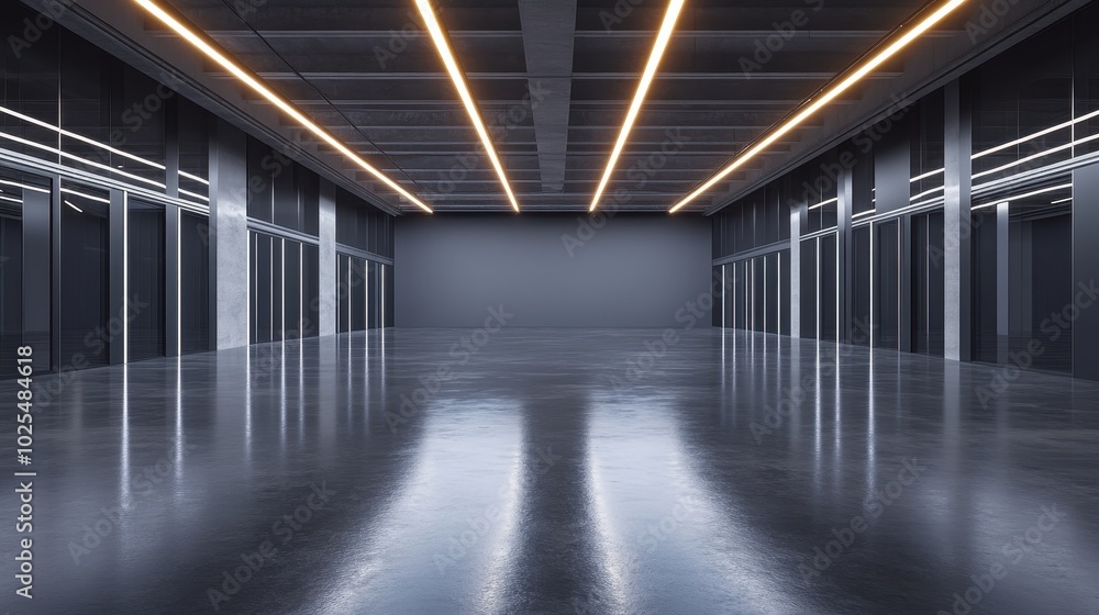 Fototapeta premium Empty Modern Hallway with Glass Walls and Bright Overhead Lights