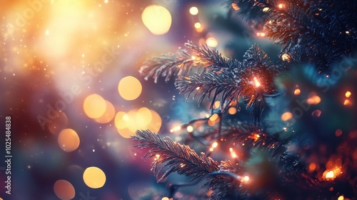 Close-up of a Frosted Pine Branch with Warm Lights and Bokeh