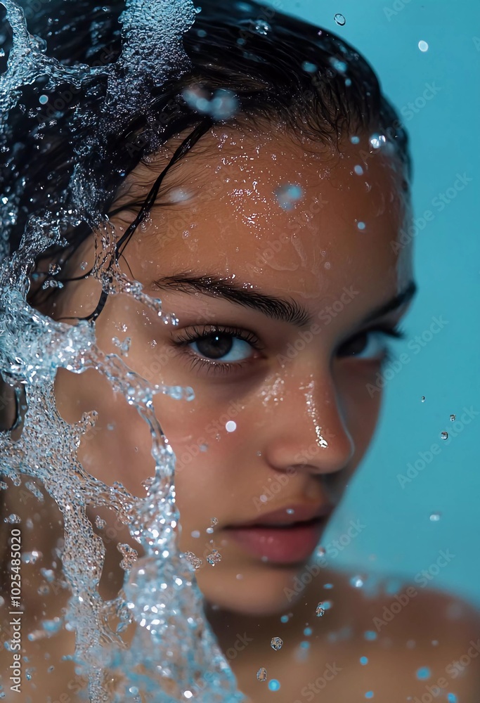 Beautiful woman washing her hair under the water, close-up of face and upper body, blue background, water droplets flying in front of her eyes Beautiful woman washing her hair under the water, close-up of face and upper body, blue background, water droplets flying in front of her eyes