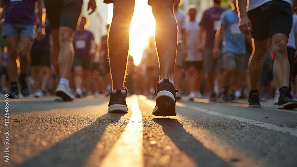 Fototapeta premium Closeup shoes and group in street walking and sunshine with lens flare cooperation and protest